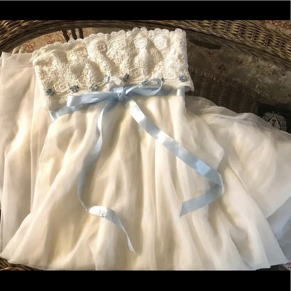 💖Gunne Sax💖Style Romantic Bridal Ivory Blue Ribbon Eyelet Lace Dress Sz S 💐 - Picture 10 of 10